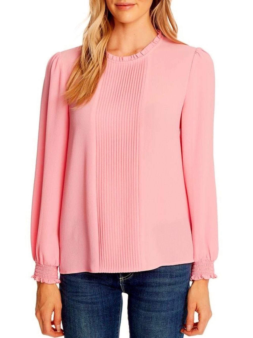CeCe Pink Long Sleeve Pintuck Front Pleat Smock Cuff Blouse Sz L